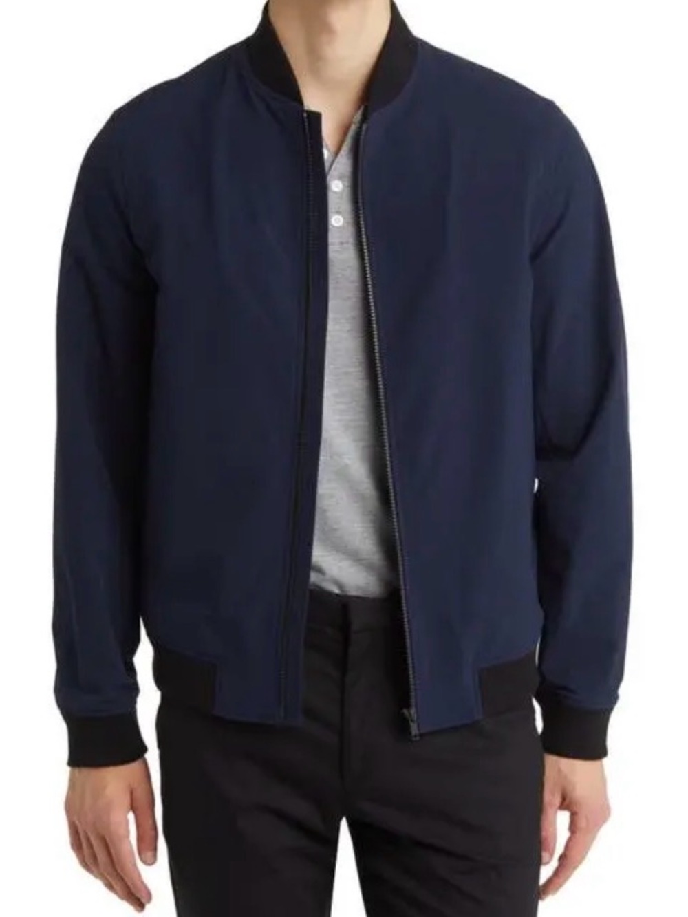 Theory Men's Navy Blue Bomber Jacket with Black Trim